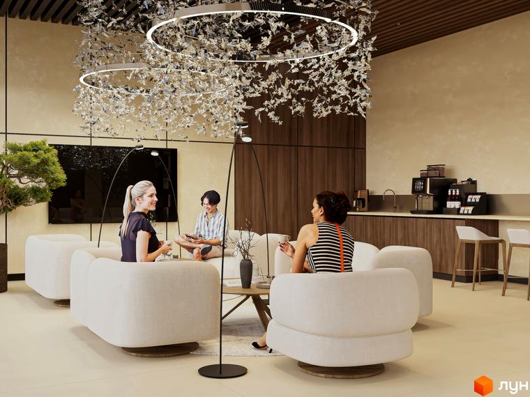 Житловий комплекс Emily Apartments: простора зона відпочинку з диванами та кавовим куточком. Сучасний дизайн інтер'єру з декоративним освітленням.