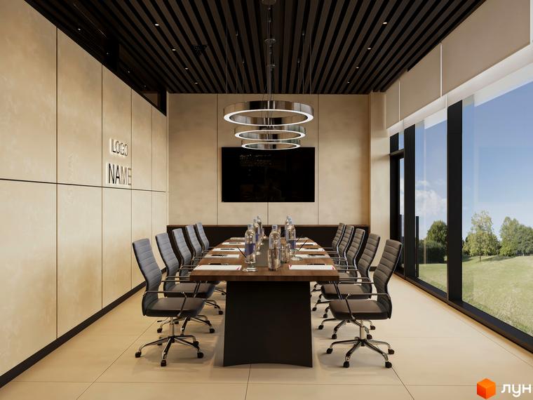 Інтер'єр конференц-залу в житловому комплексі Emily Apartments з великими вікнами та видом на зелену галявину. Сучасний дизайн меблів та освітлення.