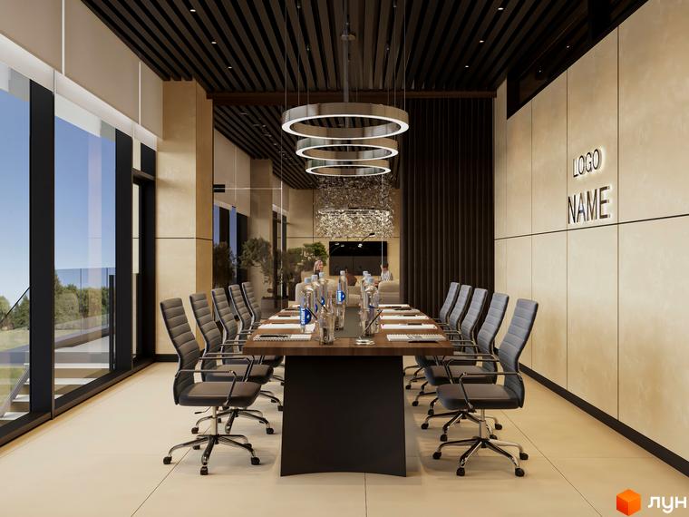 Інтер'єр конференц-залу в ЖК Emily Apartments з великим столом, кріслами та панорамними вікнами. Сучасний дизайн офісного простору для бізнес-зустрічей.