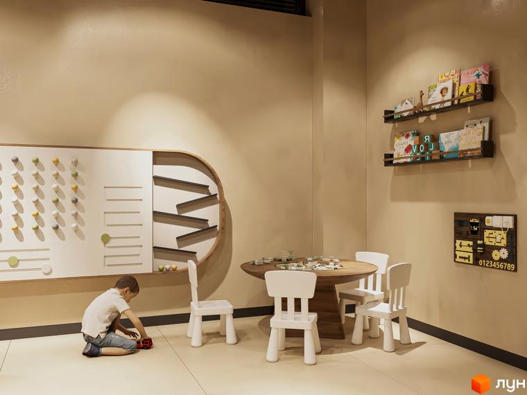 Дитяча кімната в ЖК Emily Apartments з інтерактивною дошкою, столом для ігор та книжковими полицями. Затишна атмосфера для розвитку дітей.