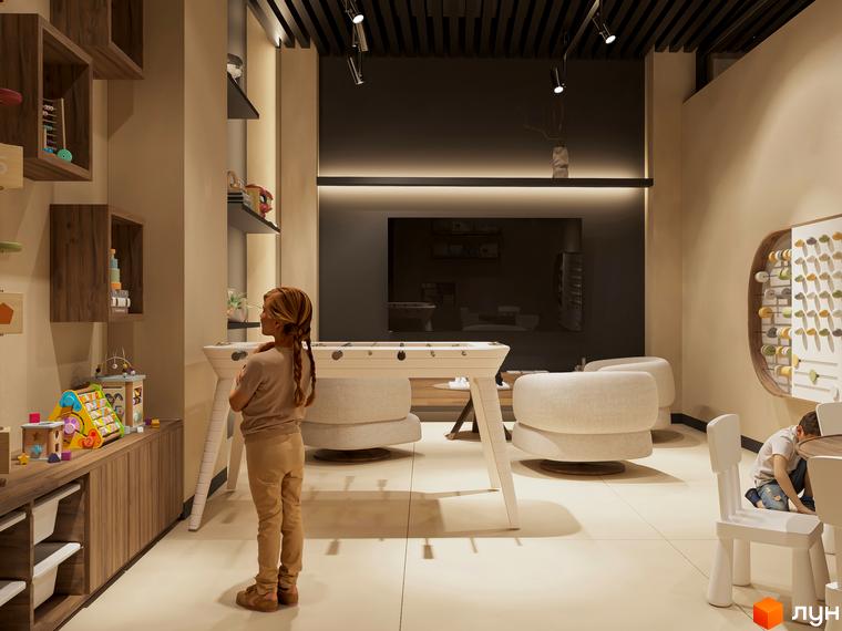 Дитяча кімната в житловому комплексі Emily Apartments з настільним футболом та ігровими зонами. Сучасний дизайн інтер'єру для дітей.