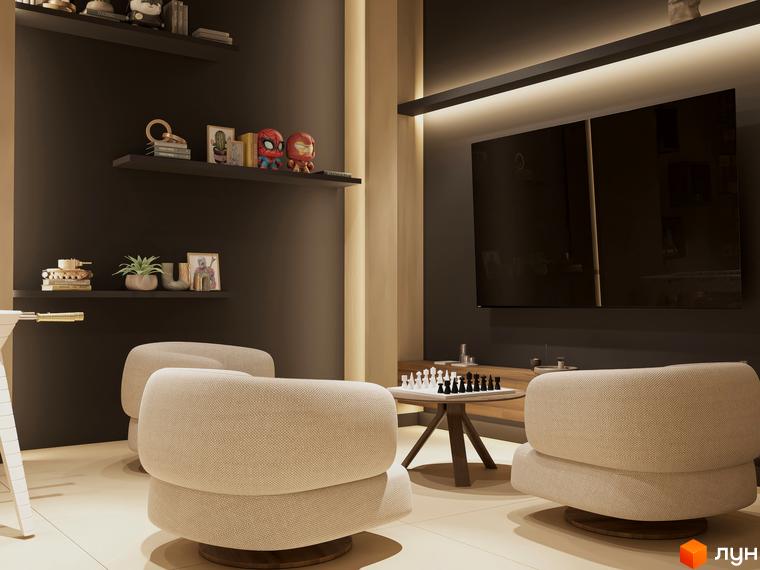 Інтер'єр вітальні в ЖК Emily Apartments з диванами, телевізором та шахівницею. Сучасний дизайн кімнати для відпочинку.