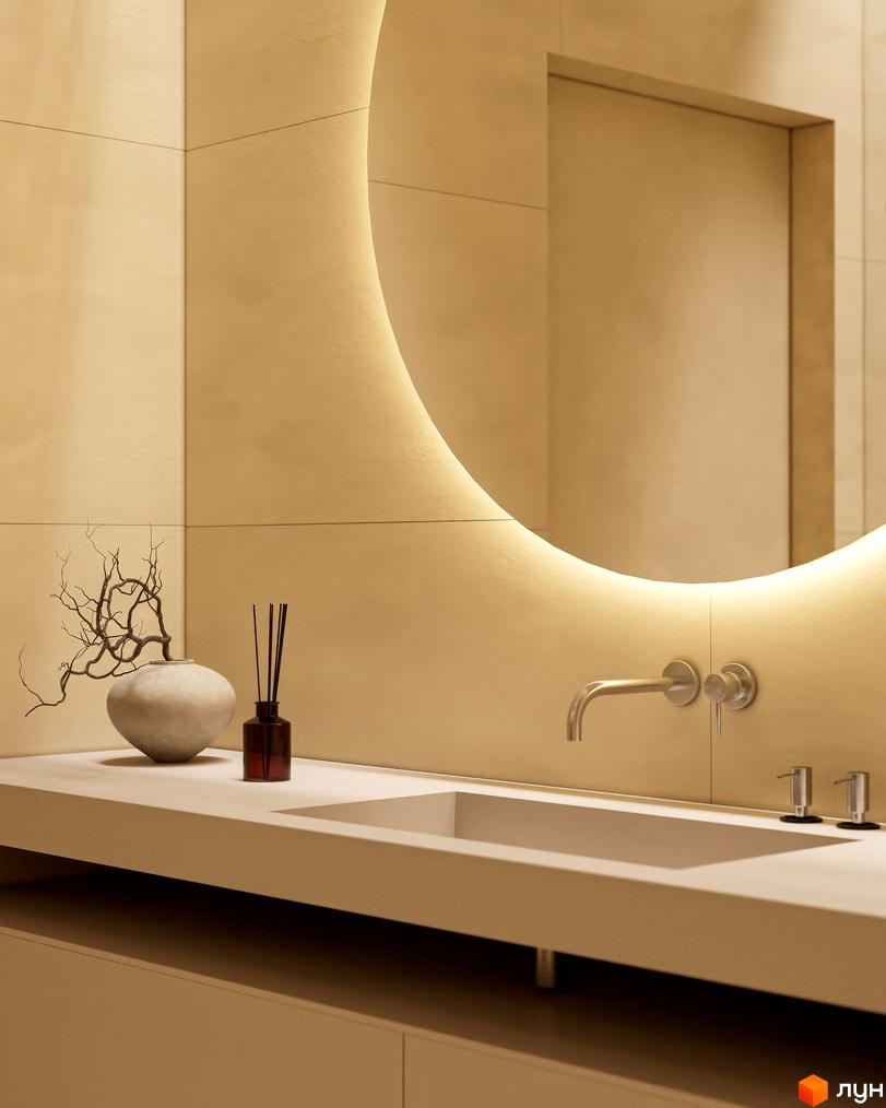 Сучасний інтер'єр ванної кімнати в ЖК Emily Apartments з вбудованою раковиною, дзеркалом з підсвіткою та дозаторами.