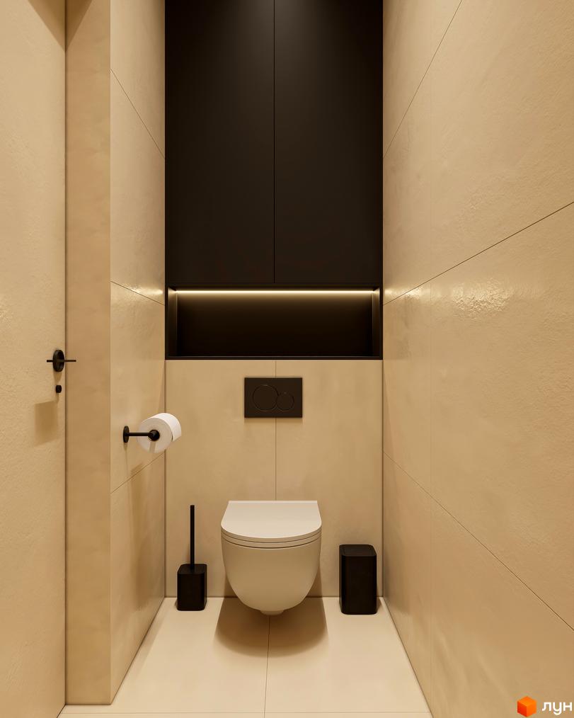 Сучасний дизайн ванної кімнати в ЖК Emily Apartments з підвісним унітазом та мінімалістичним декором. Огляд інтер'єру новобудови.