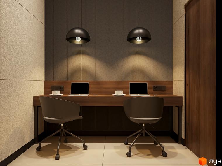 Робоча зона з двома ноутбуками та кріслами в ЖК Emily Apartments. Сучасний дизайн інтер'єру для комфортної роботи.