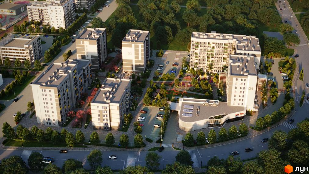 Новобудова ЖК Литовський квартал з сірими та білими фасадами, зеленими деревами та дитячими майданчиками. Сучасний житловий комплекс з парковкою та доглянутою територією.