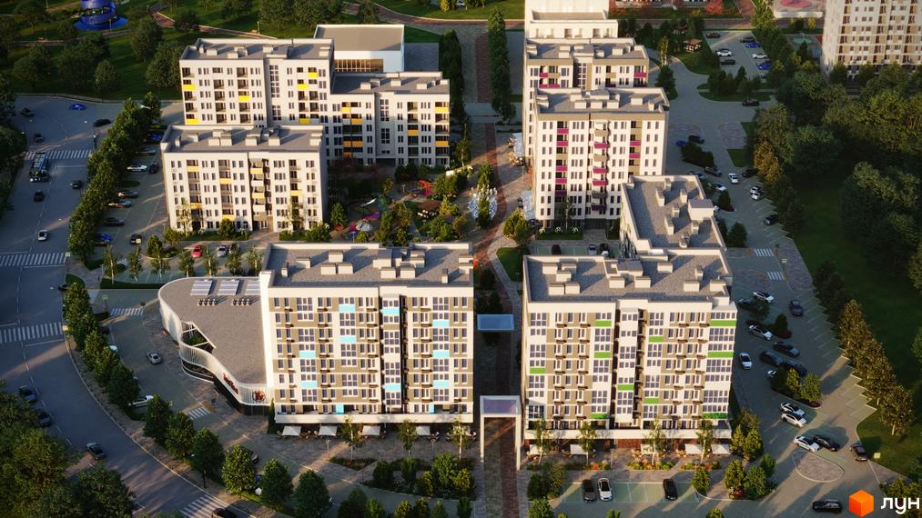 Житловий комплекс Литовський квартал: багатоповерхові будинки з сірими фасадами та кольоровими вікнами, упорядкована прибудинкова територія з деревами та парковкою.