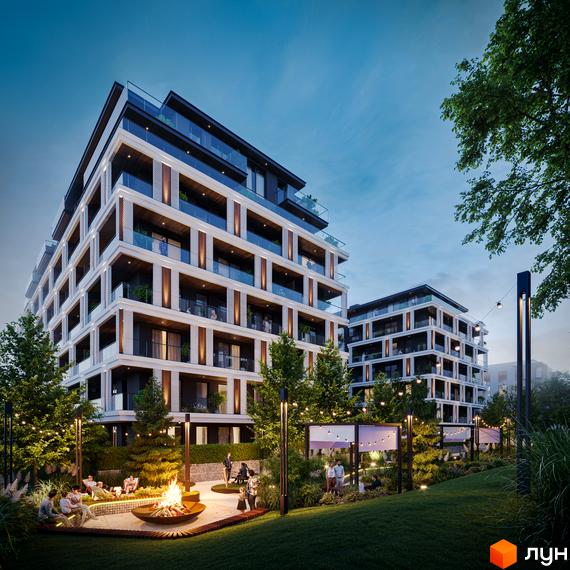 Житловий комплекс GLOBUS ECLIPTICA з балконами та скляними огорожами, оточений деревами та зоною відпочинку з вогнищем.