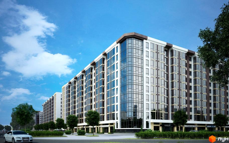 Житловий комплекс Софіївська сфера. Висотна будівля з великими вікнами та скляними фасадами. Біля будинку зелені насадження та дорога з автомобілями.