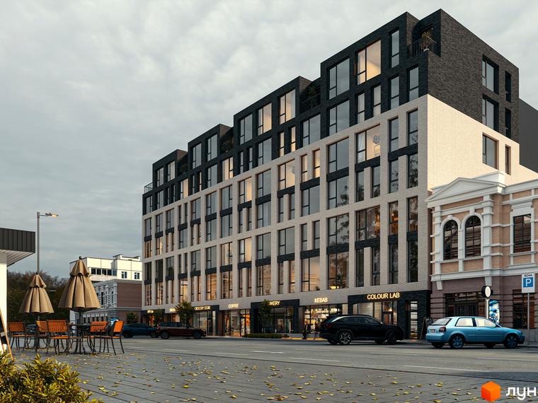 БФК Shevchenka 58a - це багатоповерховий житловий комплекс з цегляним фасадом та великими вікнами. Перед будинком розташована тераса з парасольками та столиками.