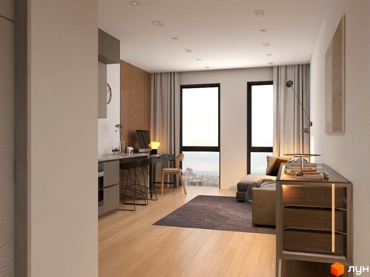 Інтер'єр квартири в БФК Shevchenka 58a з робочою зоною біля вікна та зоною відпочинку. Сучасний дизайн та панорамні вікна з видом на місто.