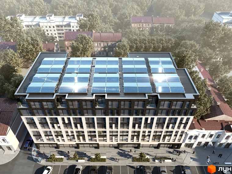 БФК Shevchenka 58a з сонячними панелями на даху та прилеглою територією з деревами та парковкою. Зовнішній вигляд будинку з цегляним фасадом та великими вікнами.