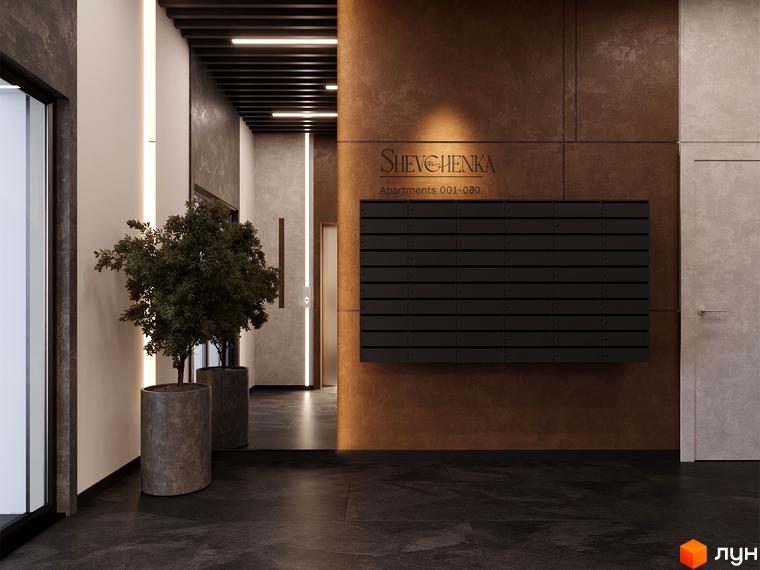 БФК Shevchenka 58a - сучасний вхід з поштовими скриньками та рослинами в інтер'єрі. Новобудова з стильним дизайном.