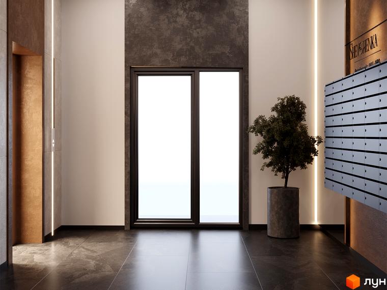 Вхідна група житлового комплексу Shevchenka 58a з поштовими скриньками та деревом у горщику. Сучасний дизайн фасаду з текстурними панелями та підсвіткою.