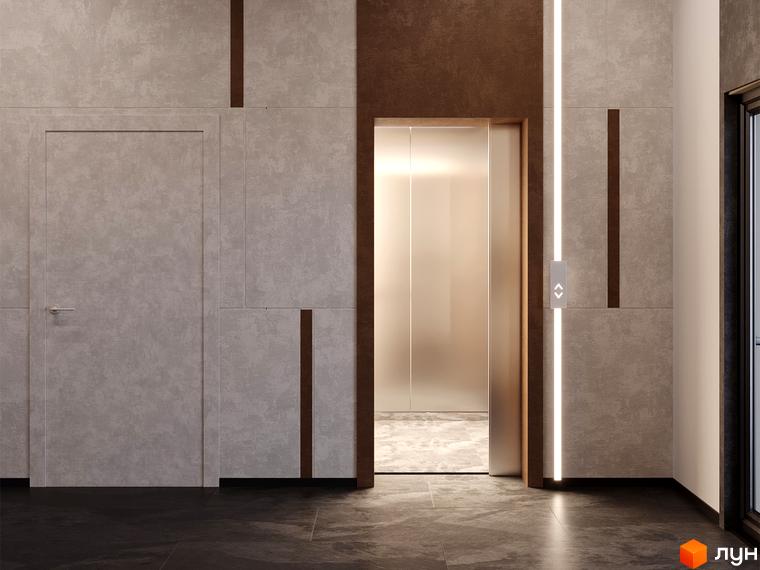 БФК Shevchenka 58a: сучасний вхід в ліфт та двері в оздобленні з натуральних матеріалів. Стильний дизайн інтер'єру холу.