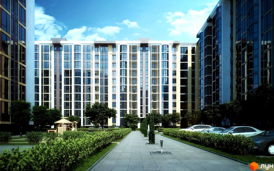 Висотна новобудова ЖК Софіївська сфера з великими вікнами та балконами. На території комплексу є доріжки, зелені насадження та парковка.