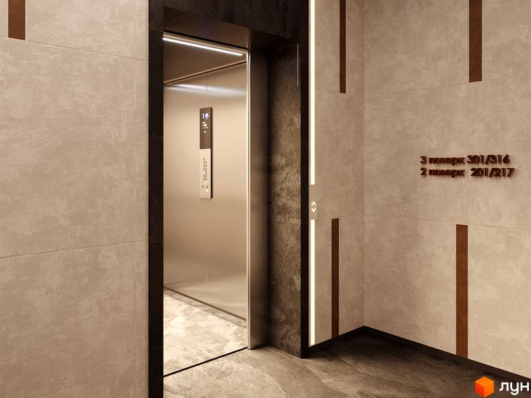 Сучасний вхід до ліфта в житловому комплексі Shevchenka 58a з оздобленням під камінь та підсвіткою. На стіні вказано номери поверхів та квартир.