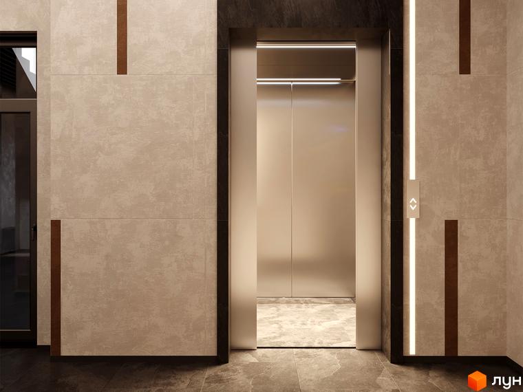 Сучасний дизайн холу з ліфтом у БФК Shevchenka 58a. Оздоблення стін під камінь та металеві елементи створюють елегантний вигляд.