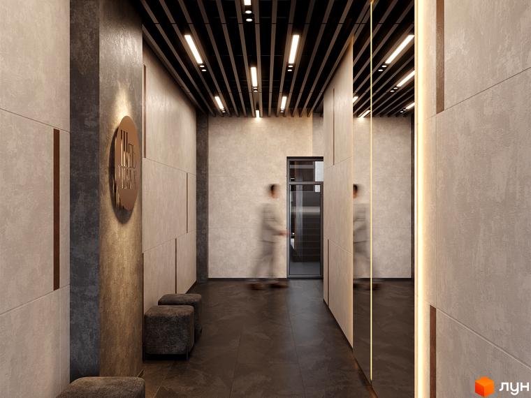 БФК Shevchenka 58a: сучасний вхід у житловий комплекс з оздобленням стін та стелі, освітленням та дзеркальними елементами.