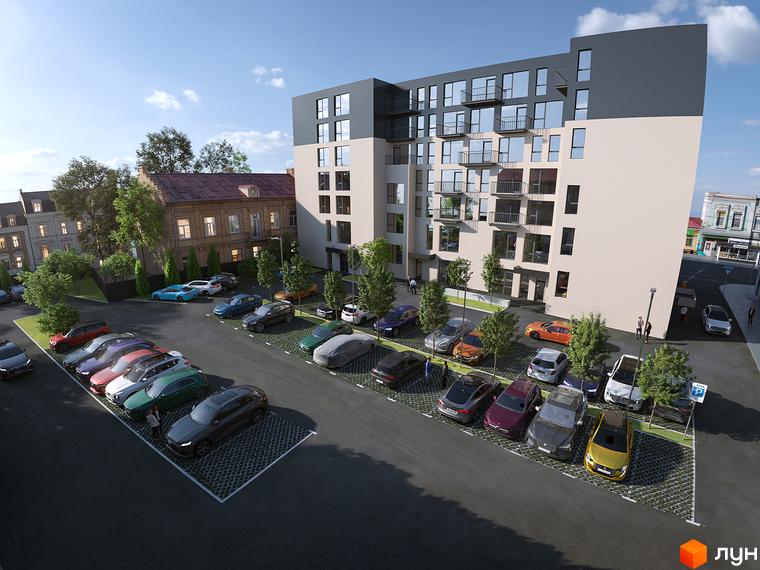 БФК Shevchenka 58a - це житловий комплекс з багатоповерховою будівлею та парковкою для автомобілів. Навколо будинку розташовані дерева та зелені насадження.