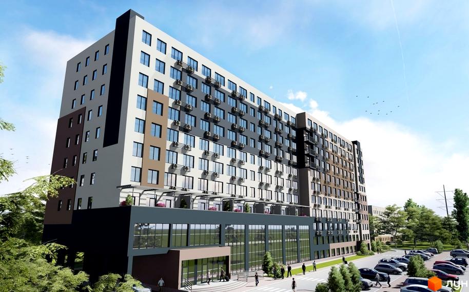 Багатоповерхова новобудова з великими вікнами та кондиціонерами на фасаді. На території комплексу є парковка та зелені насадження.