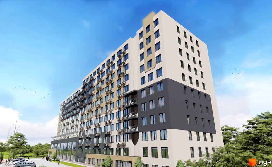 Висотна будівля житлового комплексу Smart Oseli з великою кількістю вікон та балконів. На прибудинковій території є парковка та зелені насадження.