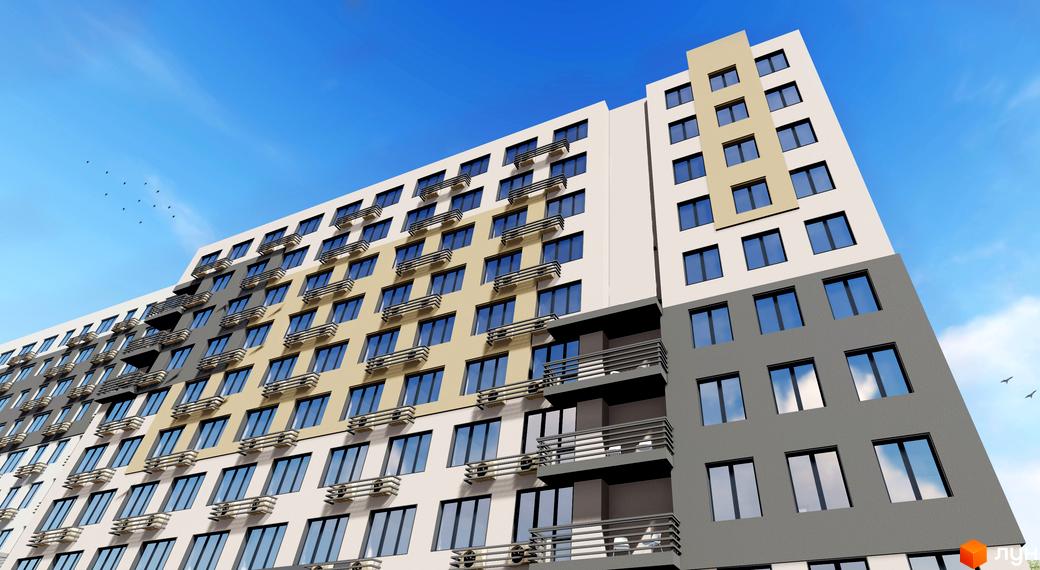 Багатоповерхова Новобудова ЖК Smart Oseli з фасадом у світлих тонах. Вікна з відображенням неба, на деяких поверхах є балкони. На тлі блакитне небо з птахами.