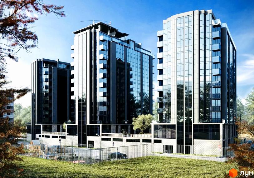 Житловий комплекс Uzh Towers - три висотні будівлі з панорамним склінням та прибудинковою територією з дитячим майданчиком.