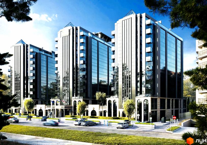 Житловий комплекс Uzh Towers з високими будівлями та скляними фасадами, розташований біля доглянутої прибудинкової території з деревами та дорогою.