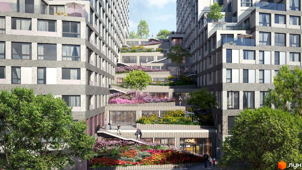 Житловий комплекс OZON Concept House з терасами, що каскадом спускаються вниз, та рясно засаджені квітами та деревами. Зелена прибудинкова територія з пішохідними доріжками.