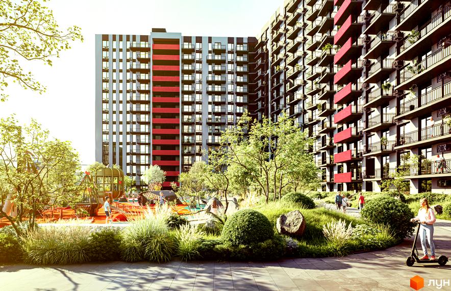 Житловий комплекс Family Plaza 2 з червоними та сірими фасадами, дитячим майданчиком та зеленими зонами відпочинку.