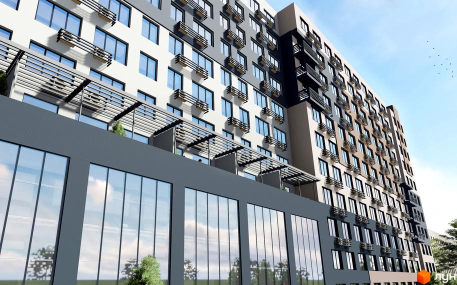 Зображення житлового комплексу Smart Oseli. Багатоповерховий будинок з великими вікнами та балконами, фасад пофарбовано у білий та сірий кольори. На першому поверсі великі вікна, що відображають небо.