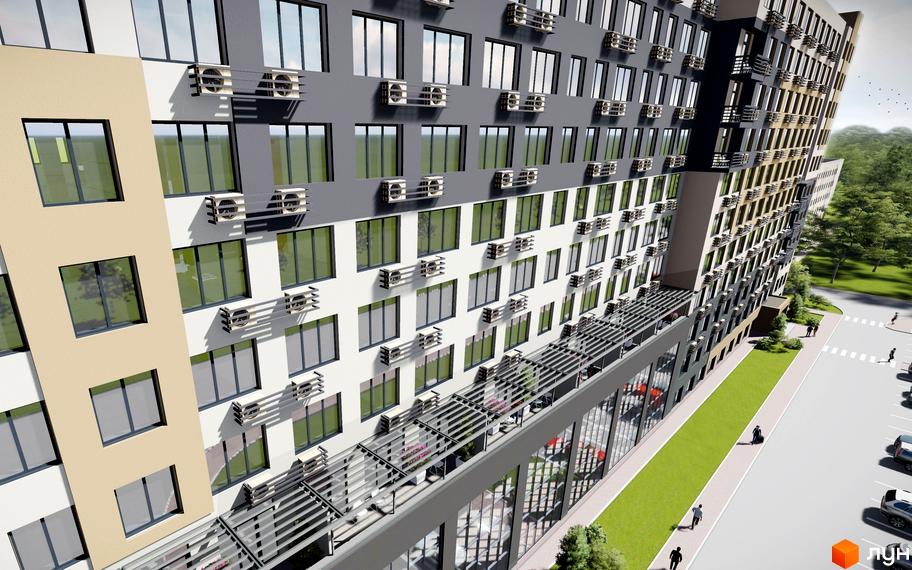 Багатоповерхова новобудова ЖК Smart Oseli з панорамними вікнами та кондиціонерами на фасаді. На території будинку є зелена зона та парковка для автомобілів.