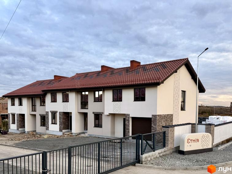 Котеджне містечко Етнія: фасади будинків з червоною черепицею та цегляним оздобленням, огороджена територія з воротами.