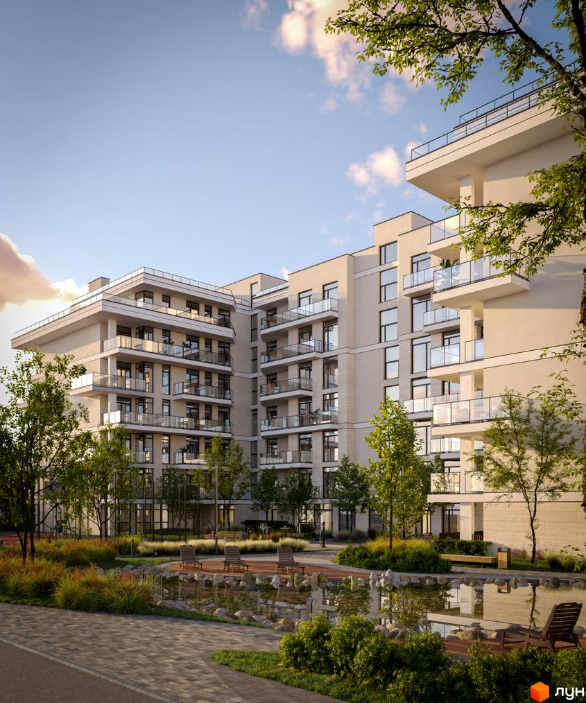 Житловий комплекс Медовий з балконами та панорамними вікнами, упорядкована прибудинкова територія з водоймою та зонами відпочинку.
