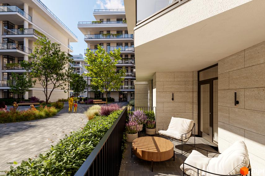 Житловий комплекс Медовий: фасади будівель з балконами та вікнами. Прибудинкова територія з деревами, кущами та доріжками.