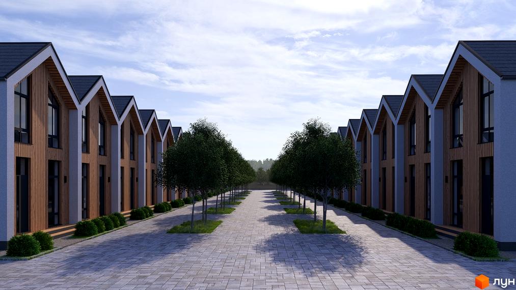 Котеджне містечко КМ Beverly Hills Town з дерев'яними фасадами та акуратними зеленими зонами. Асфальтована алея з деревами веде до будинків.