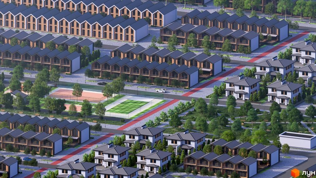 Котеджне містечко КМ Beverly Hills Town: акуратні будинки з темними дахами та дерев'яними фасадами, зелена територія з доріжками та спортивними майданчиками.