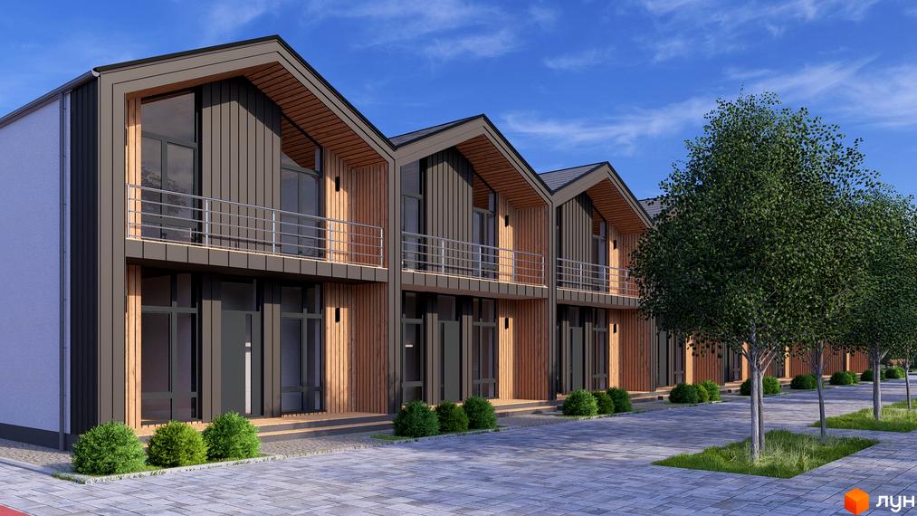 Котеджне містечко Beverly Hills Town: фасади будинків з дерев'яним оздобленням та балконами, доглянута прибудинкова територія з деревами та кущами.