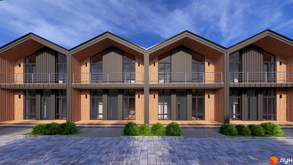 Котеджне містечко КМ Beverly Hills Town: фасади будинків з дерев'яною обшивкою та балконами, вимощені доріжки та зелені кущі.