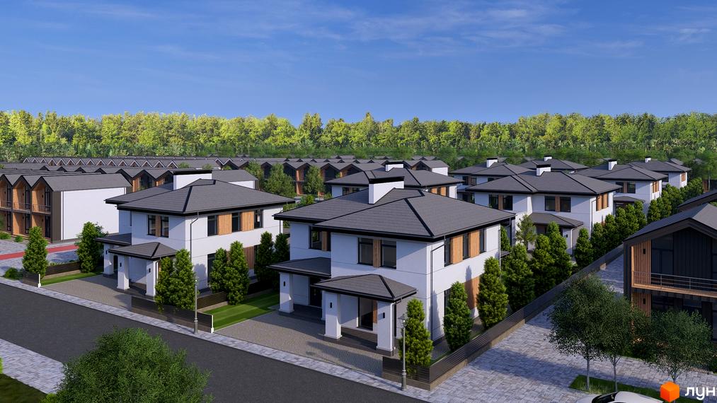 Котеджне містечко КМ Beverly Hills Town: двоповерхові будинки з темними дахами та білими фасадами, огороджена територія з деревами та бруківкою.