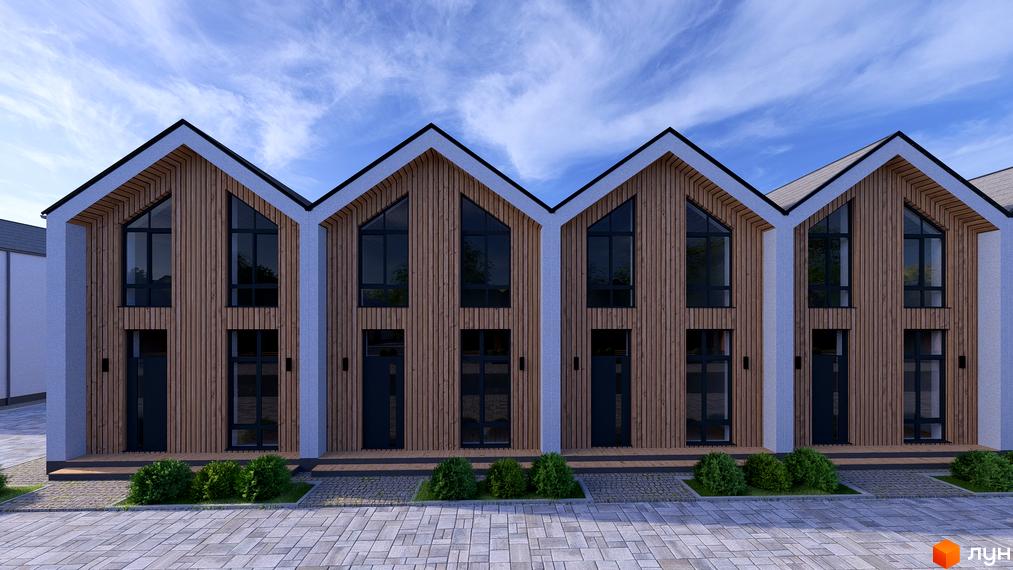 Котеджне містечко Beverly Hills Town: фасади будинків з дерев'яним оздобленням та великими вікнами. Прибудинкова територія з бруківкою та кущами.