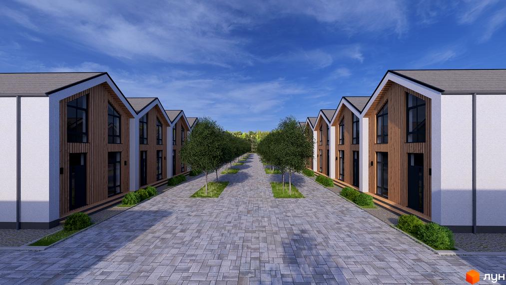 Котеджне містечко КМ Beverly Hills Town: двоповерхові будинки з дерев'яним фасадом та великими вікнами, вимощені доріжки та зелені насадження.