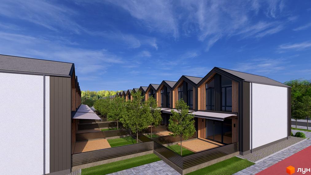 Котеджне містечко КМ Beverly Hills Town. Зовнішній вигляд будинків з дерев'яними елементами та великими вікнами, прибудинкова територія з зеленими насадженнями та доріжками.