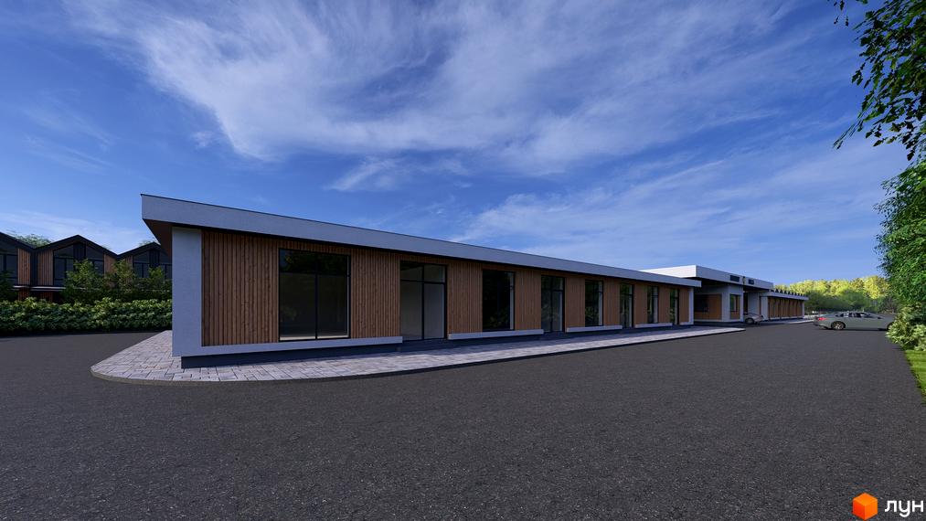 Котеджне містечко Beverly Hills Town: одноповерхова будівля з дерев'яним фасадом та великими вікнами, асфальтована дорога та зелені насадження.