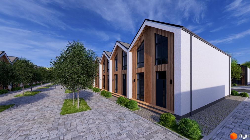 Котеджне містечко КМ Beverly Hills Town: фасади будинків з дерев'яними елементами та білою штукатуркою, вимощені доріжки та зелені насадження.