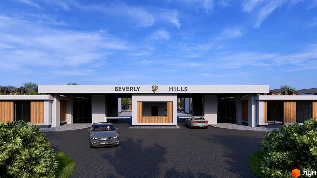Котеджне містечко Beverly Hills Town: в'їзд до комплексу з сучасними будинками та доглянутою прибудинковою територією. Автомобілі біля в'їзду.