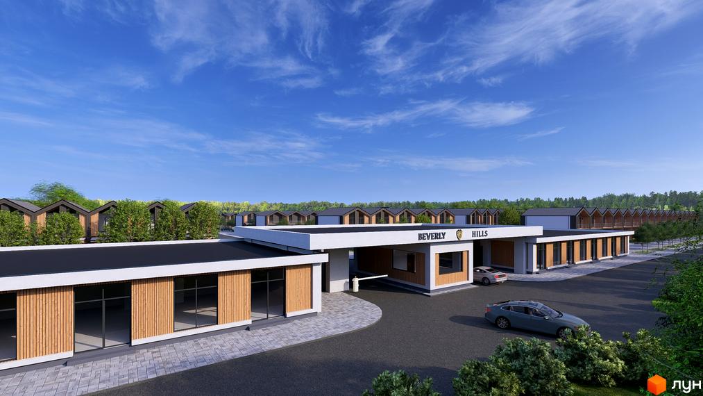 Котеджне містечко Beverly Hills Town. Фасад будівель з дерев'яними елементами та великими вікнами, огороджена територія з шлагбаумом та автомобілями.
