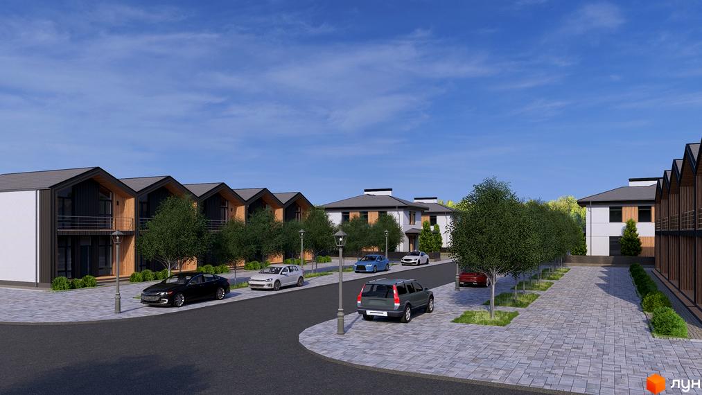 Зовнішній вигляд котеджного містечка КМ Beverly Hills Town з сучасними будинками та доглянутою прибудинковою територією з деревами та бруківкою.