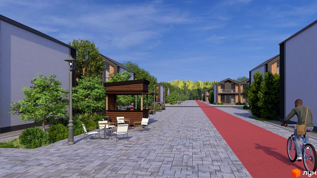 Котеджне містечко Beverly Hills Town. Зовнішній вигляд будинків та прибудинкова територія з велодоріжкою та місцями для відпочинку.